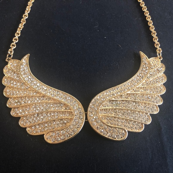 Angel Wings Gold Tone White Crystal Hinged Statement Necklace - Picture 3 of 7